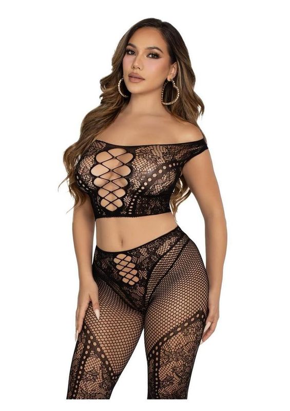 LEG AVENUE NET AND LACE OFF THE SHOULDER CROP TOP & FOOTLESS TIGHTS BLACK O/S