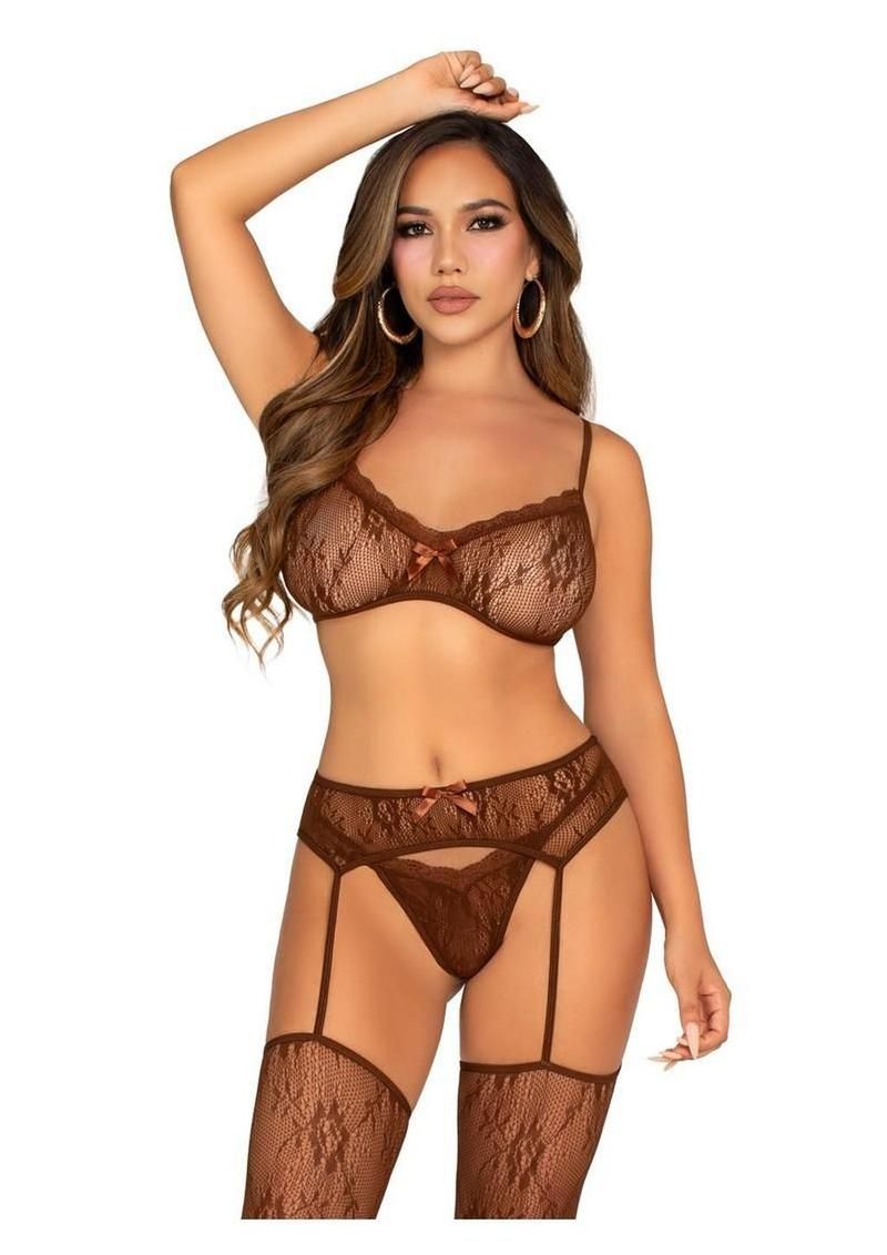 LEG AVENUE LACE BRA TOP WITH MINI BOW DETAIL V-FRONT G-STRING & GARTERBELT STOCKINGS COCO O/S