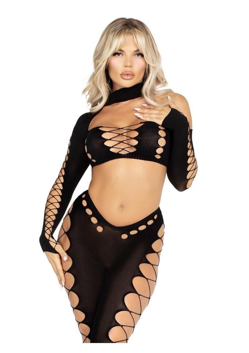 LEG AVENUE 2PC SEAMLES ASYMETRICAL CUT OUT CROP TOP & FOOTLESS TIGHTS BLACK O/S
