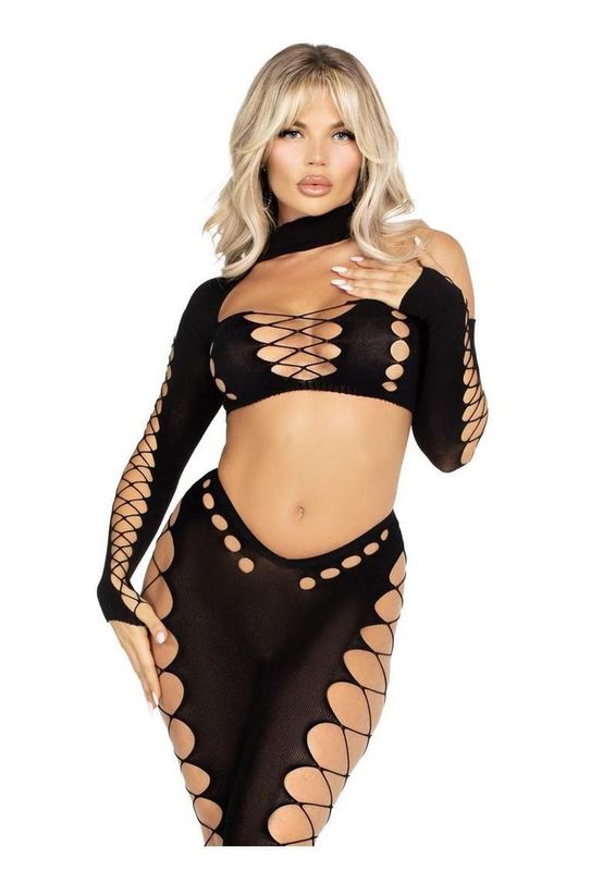 LEG AVENUE 2PC SEAMLES ASYMETRICAL CUT OUT CROP TOP & FOOTLESS TIGHTS BLACK O/S