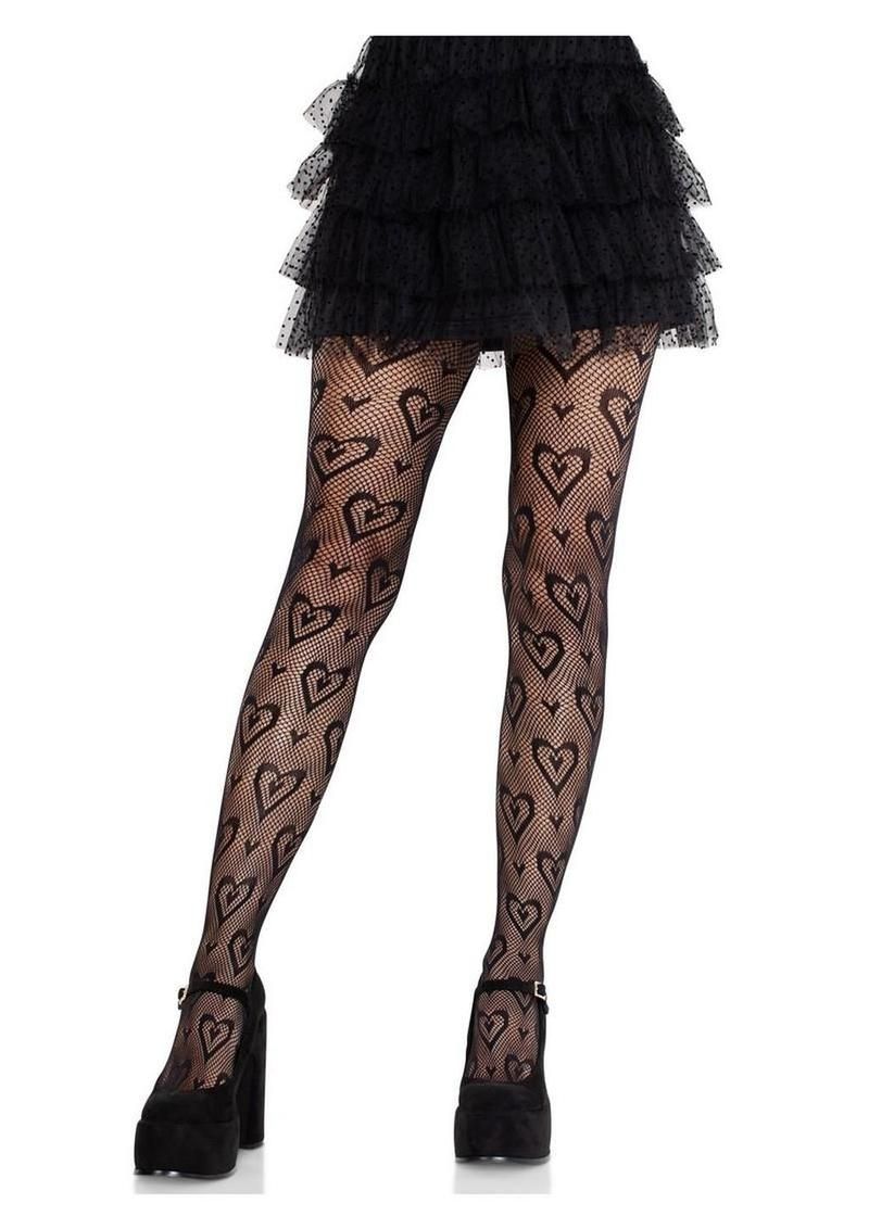 LEG AVENUE DOUBLE HEART NET TIGHTS BLACK O/S