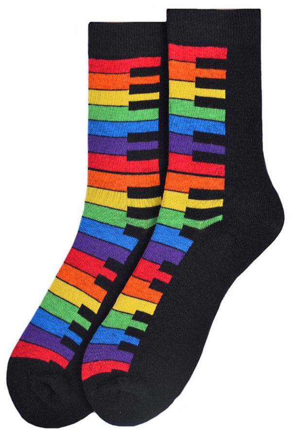 WOMENS RAINBOW KEYS  CREW SOCKS BLACK & RAINBOW