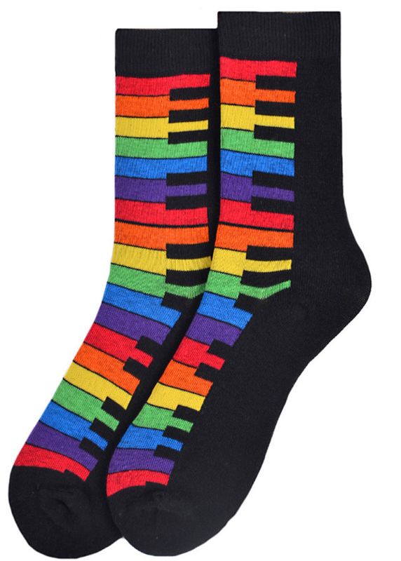 WOMENS RAINBOW KEYS  CREW SOCKS BLACK & RAINBOW