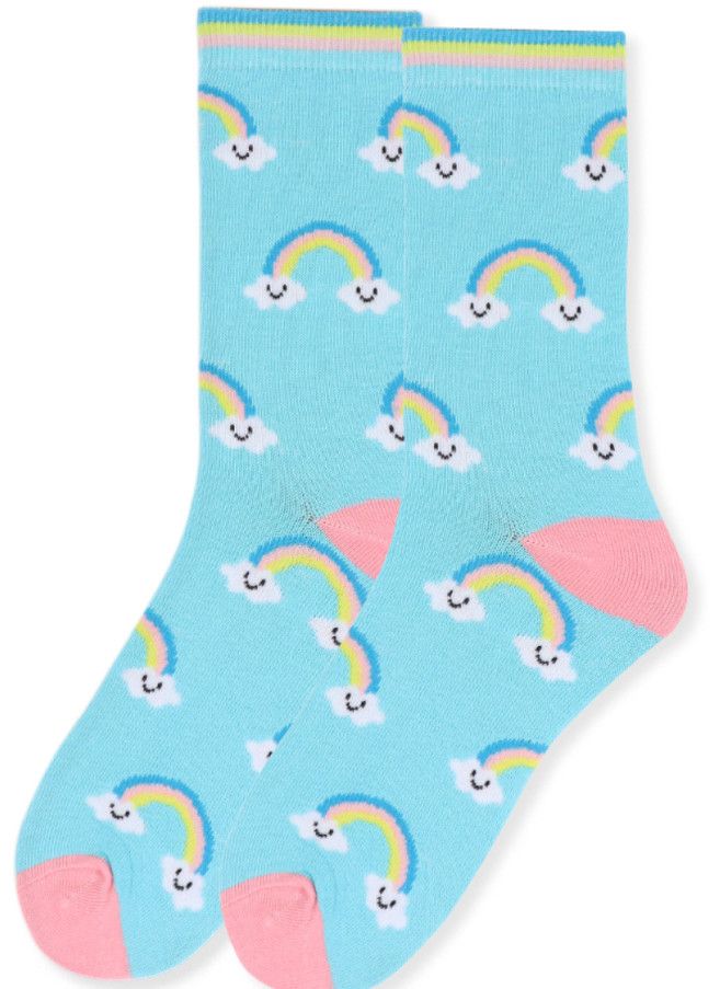 WOMENS RAINBOW WITH SMILING CLOUD CREW SOCKS LIGHT BLUE