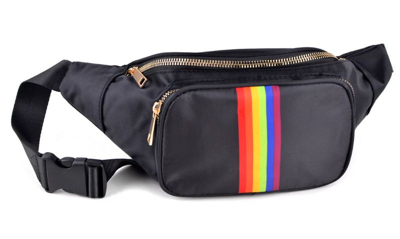 THREE POCKET BLACK FANNY PACK WITH RAINBOW STRIPE