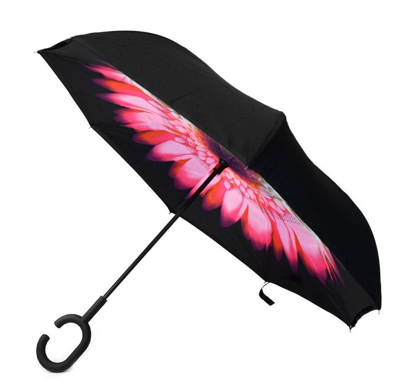 DOUBLE LAYER INVERTED UMBRELLA PINK FLOWER & BLACK