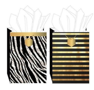 RACHEL ZOE 2 PACK GIFT BAG WITH TISSUE GOLD STRIPE & ZEBRA