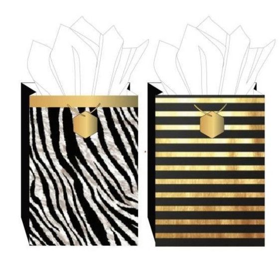 RACHEL ZOE 2 PACK GIFT BAG WITH TISSUE GOLD STRIPE & ZEBRA