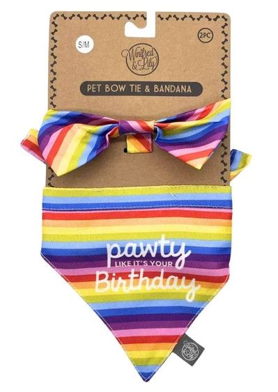 PET BOW TIE & SMALL BANDANA SET IN RAINBOW STRIPE "PAWTY LIKE IT'S YOUR BIRTHDAY