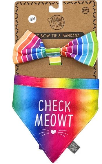 PET BOW TIE & SMALL BANDANA SET IN RAINBOW STRIPE "CHECK MEOWT"