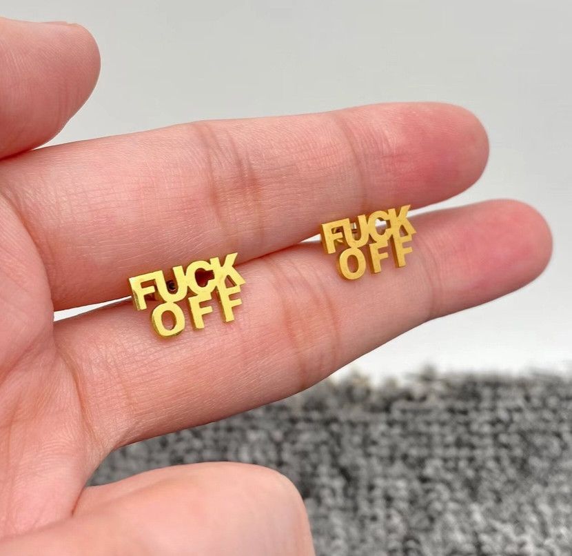 'FUCK OFF' STAINLESS STEEL EAR STUDS, Color: GOLDEN