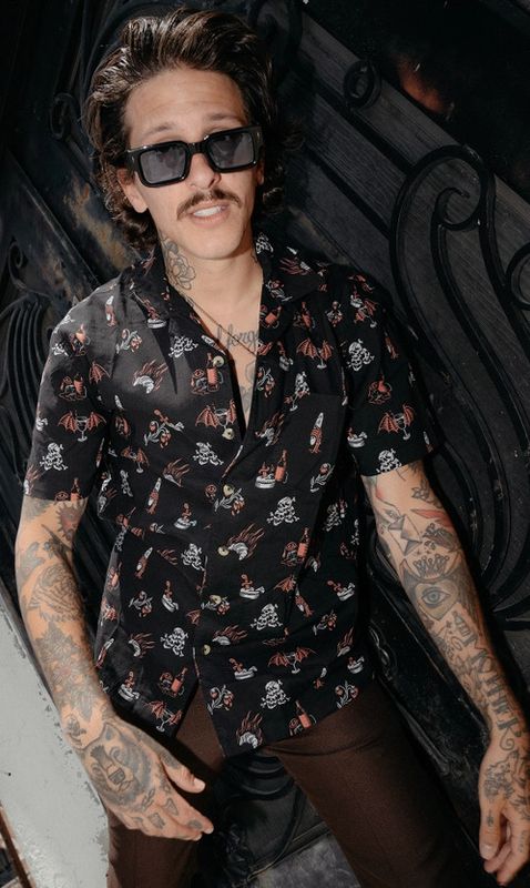 PYKNIC  LE SIGH FRENCH WINE CHEESE BAUGETTES & CROISSANTS BUTTON UP SHIRT