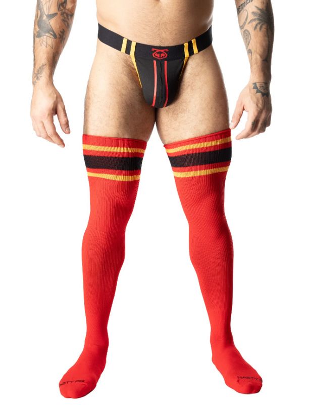 NASTY PIG HOOK'D UP THIGH HIGH SOCKS RED, GOLD & BLACK