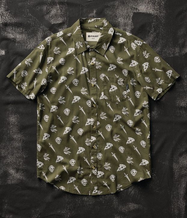 PYKNIC  PIZZA SLAYER TATTOO FLASH CAUSAL BUTTON UP SHIRT, Size: SMALL