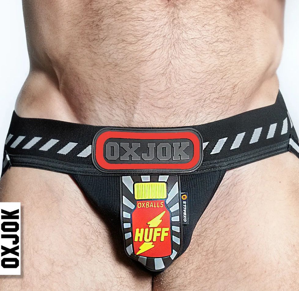 OXJOK POPPER JOCK 3D RUBBER HUFFER JOCK BLACK & RED, Size: SMALL
