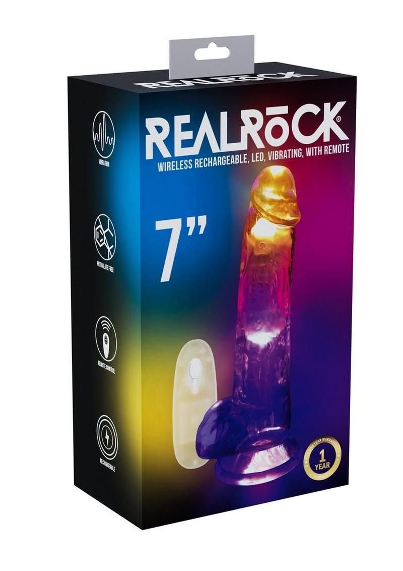 REAL ROCK RECHARGEABLE DILDO WITH BALLS & REMOTE CONTROL CLEAR 7"