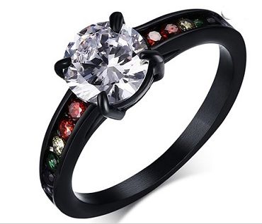 BLACK STAINLESS RAINBOW STONES WITH CENTER CZ RING, Size: 5