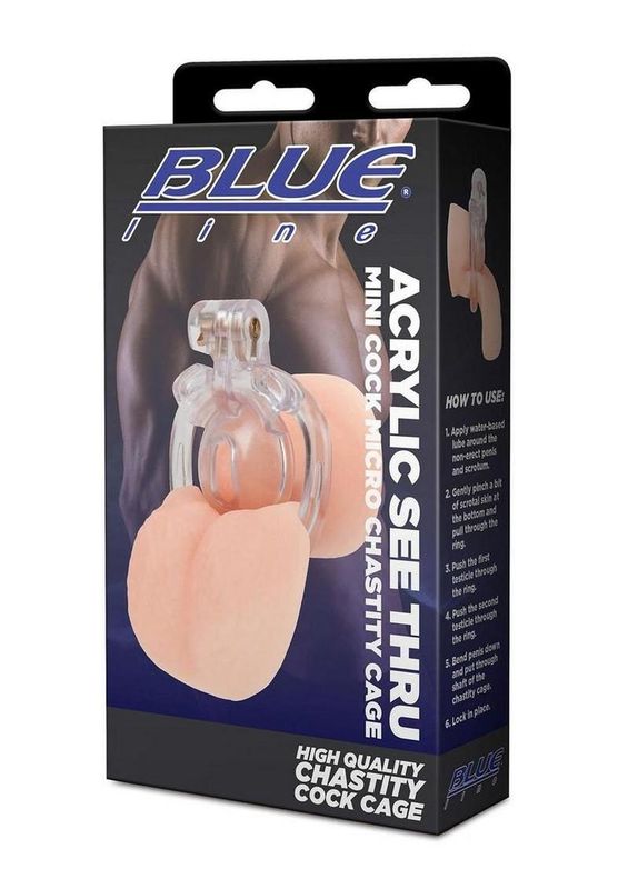 BLUE LINE ACRYLIC SEE THRU MINI COCK MICRO CHASTITY CAGE CLEAR