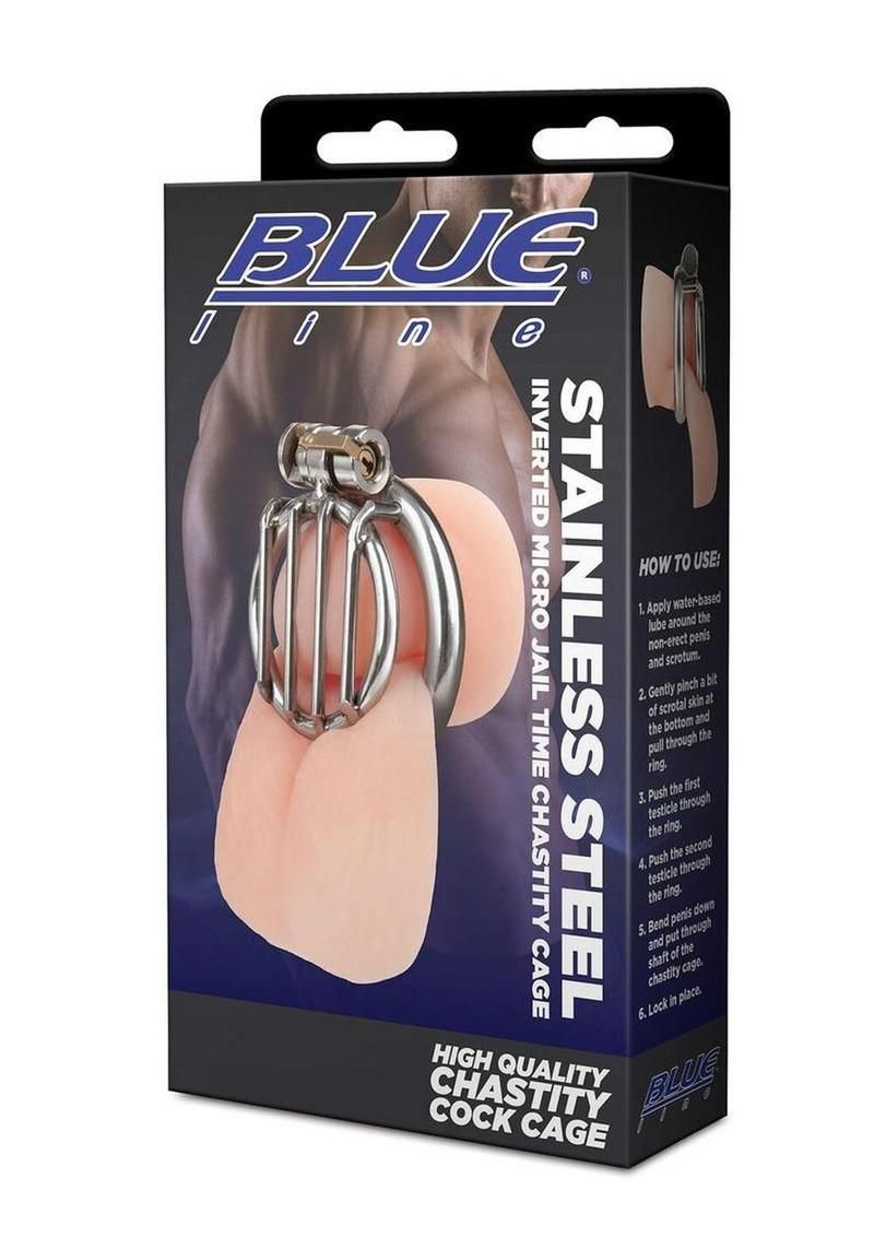 BLUE LINE STAINLESS STEEL INVERTED MICRO JAIL TIME CHASTITIY CAGE