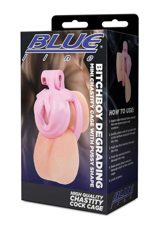 BLUE LINE BITCHBOY DEGRADING MINI CHASTITIY CAGE WITH PUSSY SHAPE PINK