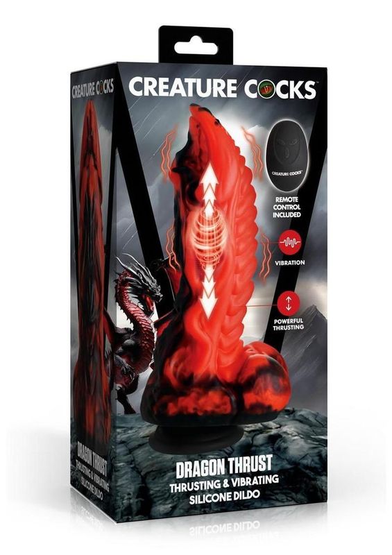 CREATURE COCKS DRAGON THRUST SILICONE THRUSTING & VIBRATING DILDO RED & BLACK