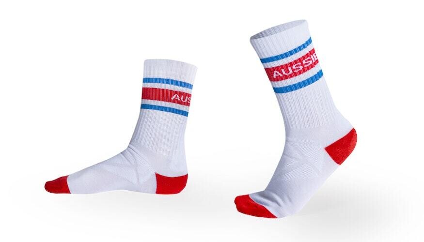 AUSSIEBUM WHITE SOCKS WITH 2 TONE STRIPES AUSSIEBUM WHITE SOCKS WITH 2 TONE STRIPES, Color: RED/BLUE