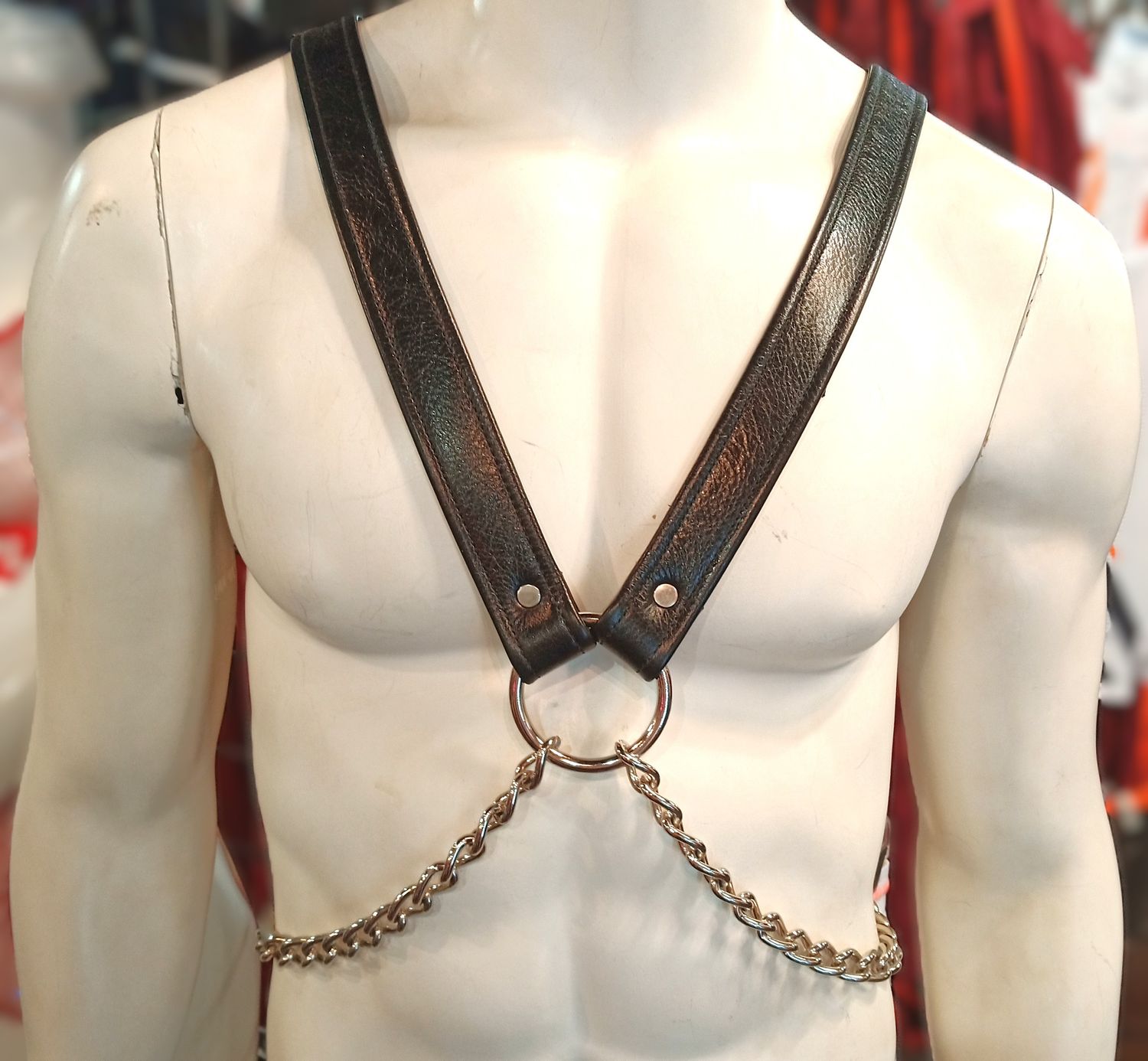 PERSEUS JASON HARNESS BLACK NAPPA LEATHER & SILVER CHAINS, Size: S/M