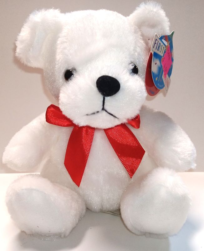 TEDDY BEAR 6" CUBBY, WHITE WITH RED RIBBON