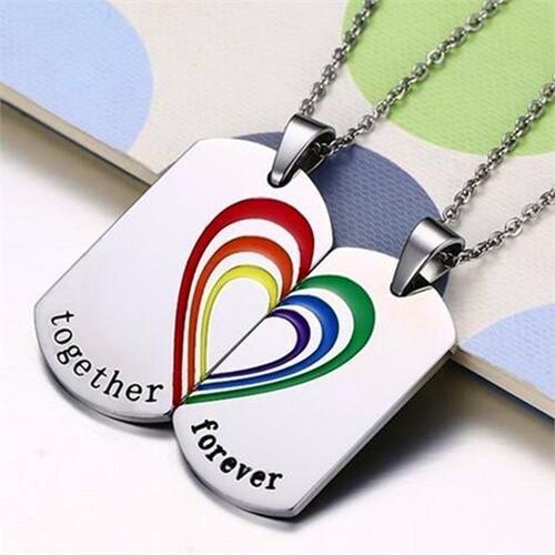 DOUBLE DOG TAGS TOGETHER FOREVER WITH RAINBOW HEART PENDANTS