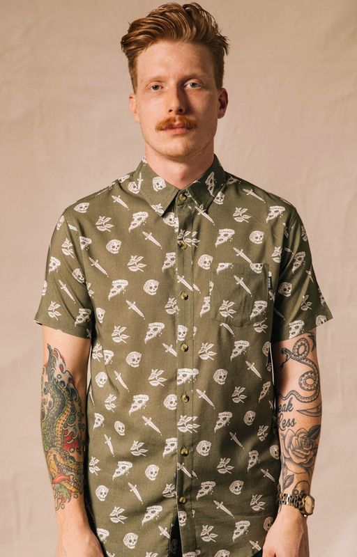 PYKNIC  PIZZA SLAYER TATTOO FLASH CAUSAL BUTTON UP SHIRT