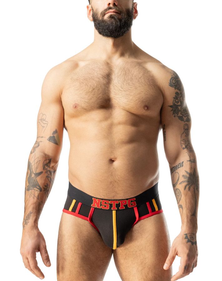 NASTY PIG CONTENDER U-FRONT BRIEF BLACK, RED & GOLD NASTY PIG CONTENDER U-FRONT BRIEF BLACK, RED & GOLD, Size: SMALL