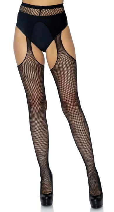 LEG AVENUE FISHNET SUSPENDER PANTYHOSE BLACK ONE SIZE
