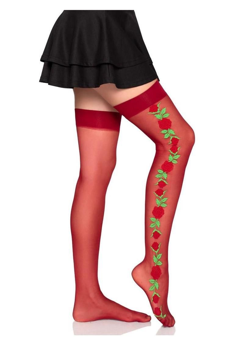 Leg Avenue Spandex Sheer Thigh Highs with Embroidered Rose Side Detail Red One Size