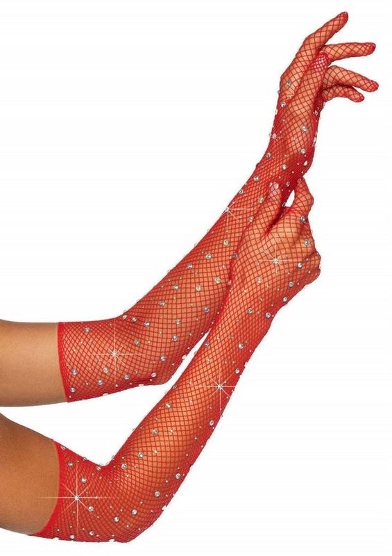 Leg Avenue Rhinestone Fishnet Opera Length Gloves One Size Red