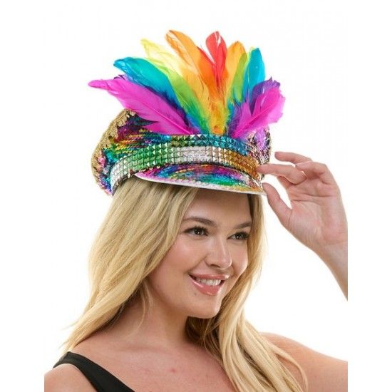 RAINBOW FEATHER SEQUINED CAPTAIN HAT