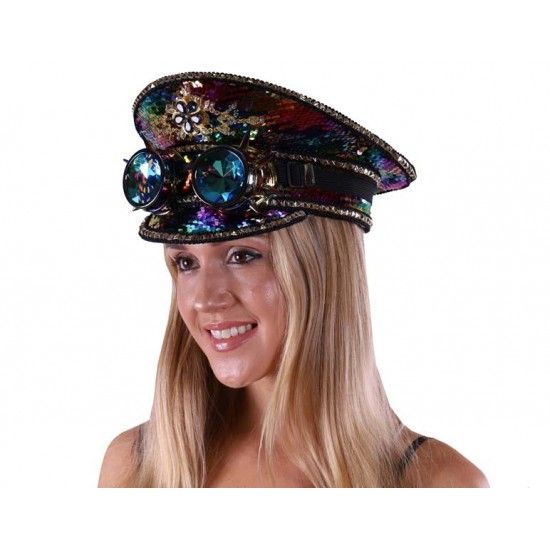 RAINBOW SEQUIN CAPTAIN HAT WITH GOGGLES