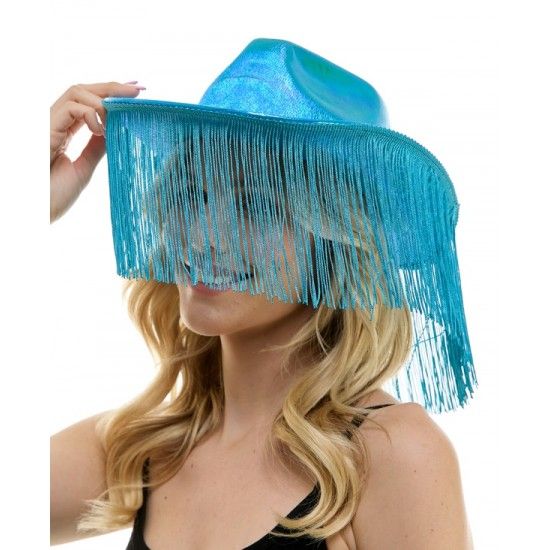 IRIDESCENT TURQUOISE FRINGE COWBOY HAT