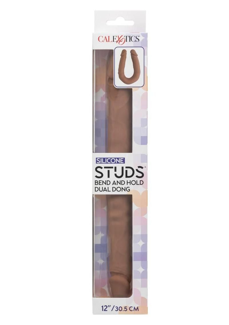 SILICONE STUDS BEND AND HOLD DUAL DILDO 12", Color: BROWN