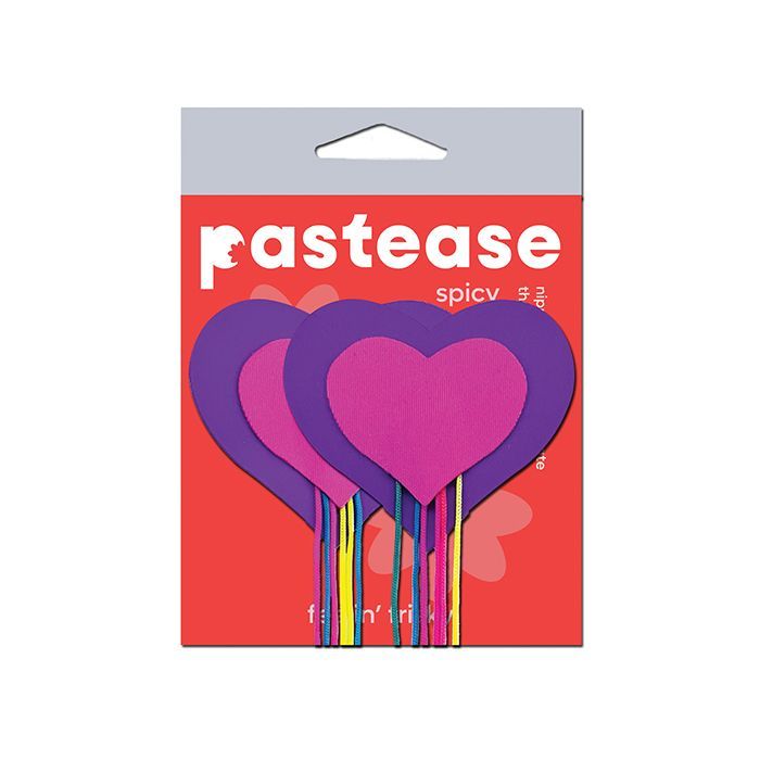 PASTEASE HEARTS WITH FRINGE RAINBOW TASSELS NEON PINK/PURPLE PASTIES