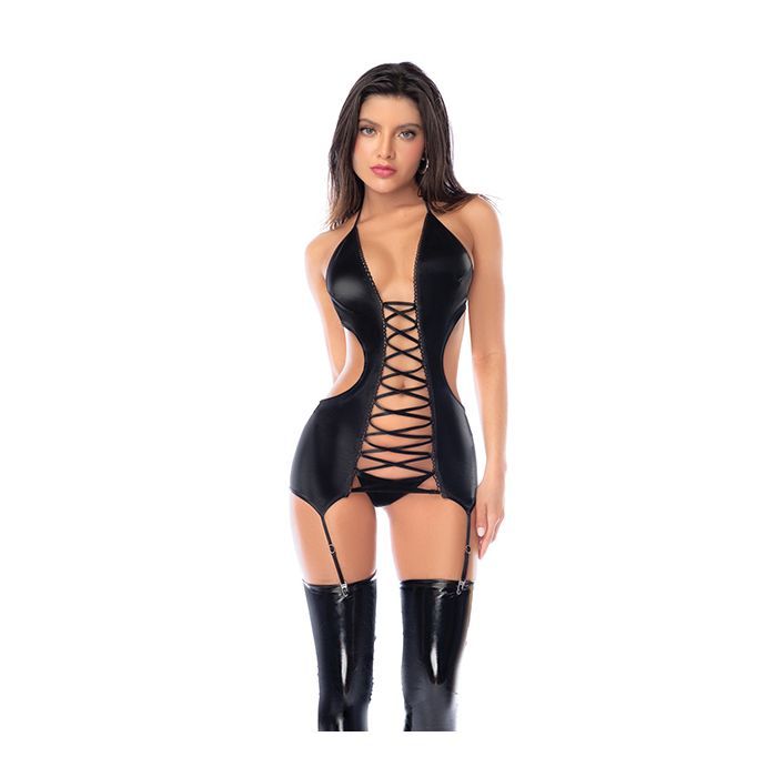 WET LOOK LACE UP FRONT & BACK HALTER TIE, SIDE CUT OUTS & ATTACHED GARTER STRAPS 2PC SET BLACK