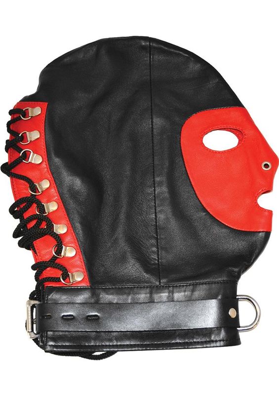 ROUGE LEATHER MASK WITH D RING AND LOCK STRAP BLACK & RED