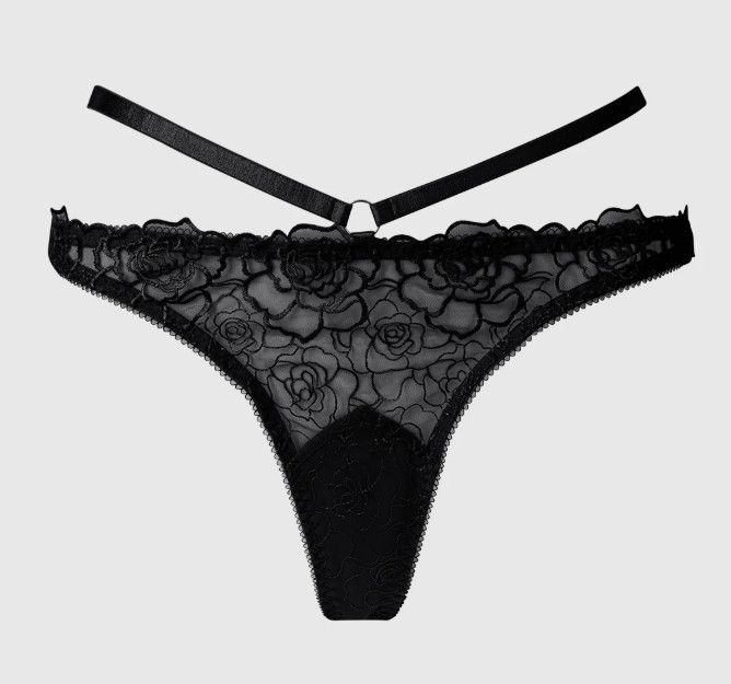 ROSALIE SATIN & EMBROIDERED LACE STRAPPY TANGA BLACK