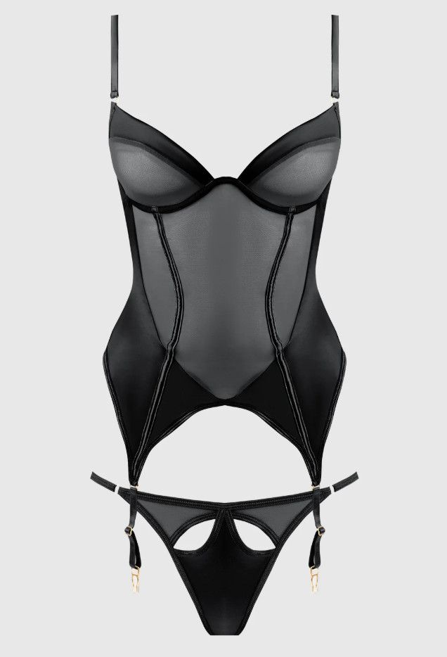 RAQUEL MESH & SILKY MICRO UNDERWIRE BUSTIER & BACKLESS TANGA SET BLACK, Size: SMALL