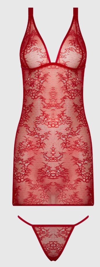 KIKI LACE STRAPPY & BACKLESS CHEMISE & G-STRING CRIMSON RED, Size: SMALL