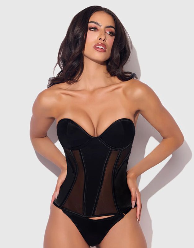 JULIET SATIN & MESH PLUNGE UNDERWIRE CORSET BLACK