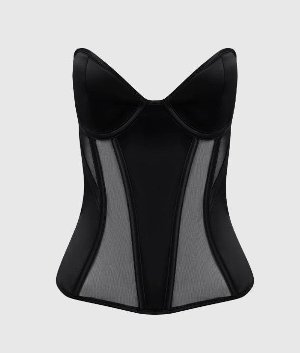 JULIET SATIN & MESH PLUNGE UNDERWIRE CORSET BLACK, Size: SMALL