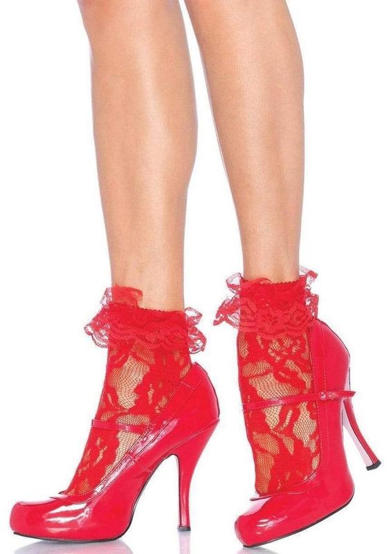 LEG AVENUE LACE ANKLET WITH RUFFLES RED O/S