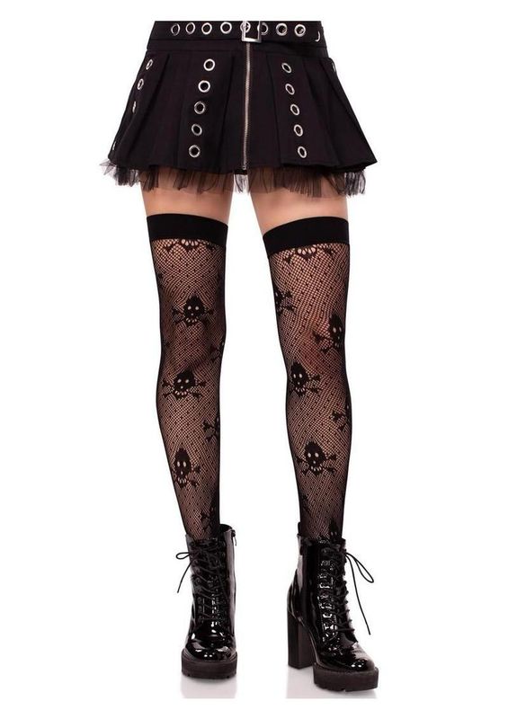 LEG AVENUE DOTTED NET SKULL THIGH HIGHS BLACK O/S