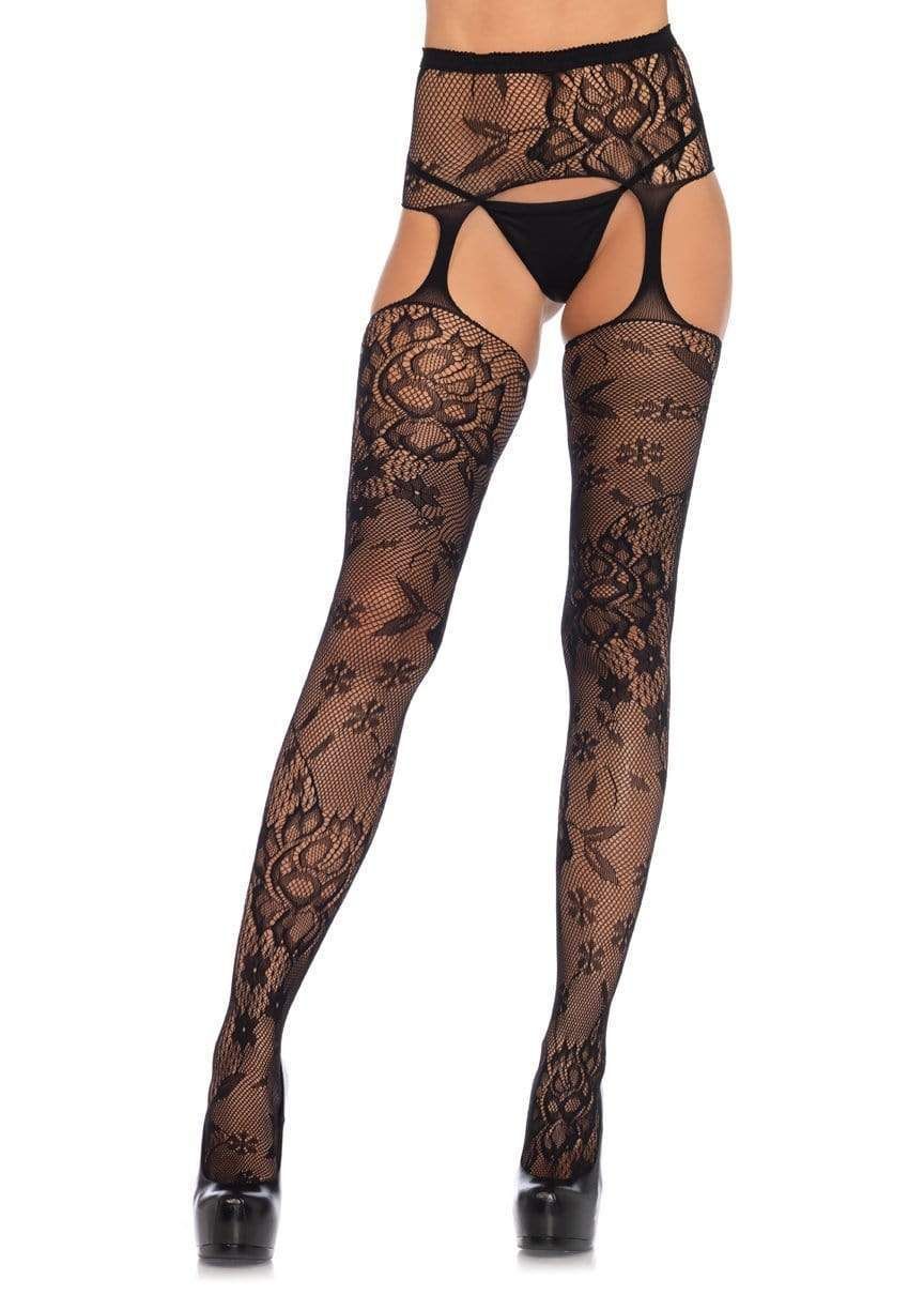 LEG AVENUE FLORAL LACE GARTER STOCKINGS BLACK LEG AVENUE FLORAL LACE GARTER STOCKINGS BLACK