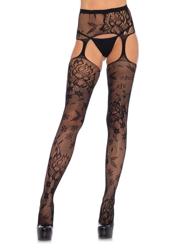 LEG AVENUE FLORAL LACE GARTER STOCKINGS BLACK